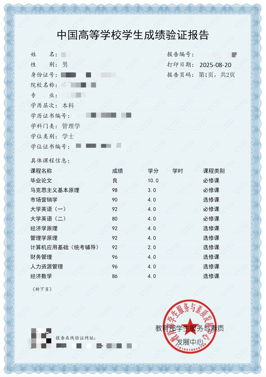 CHSI Transcript Verification Report Chinese Sample Page 1