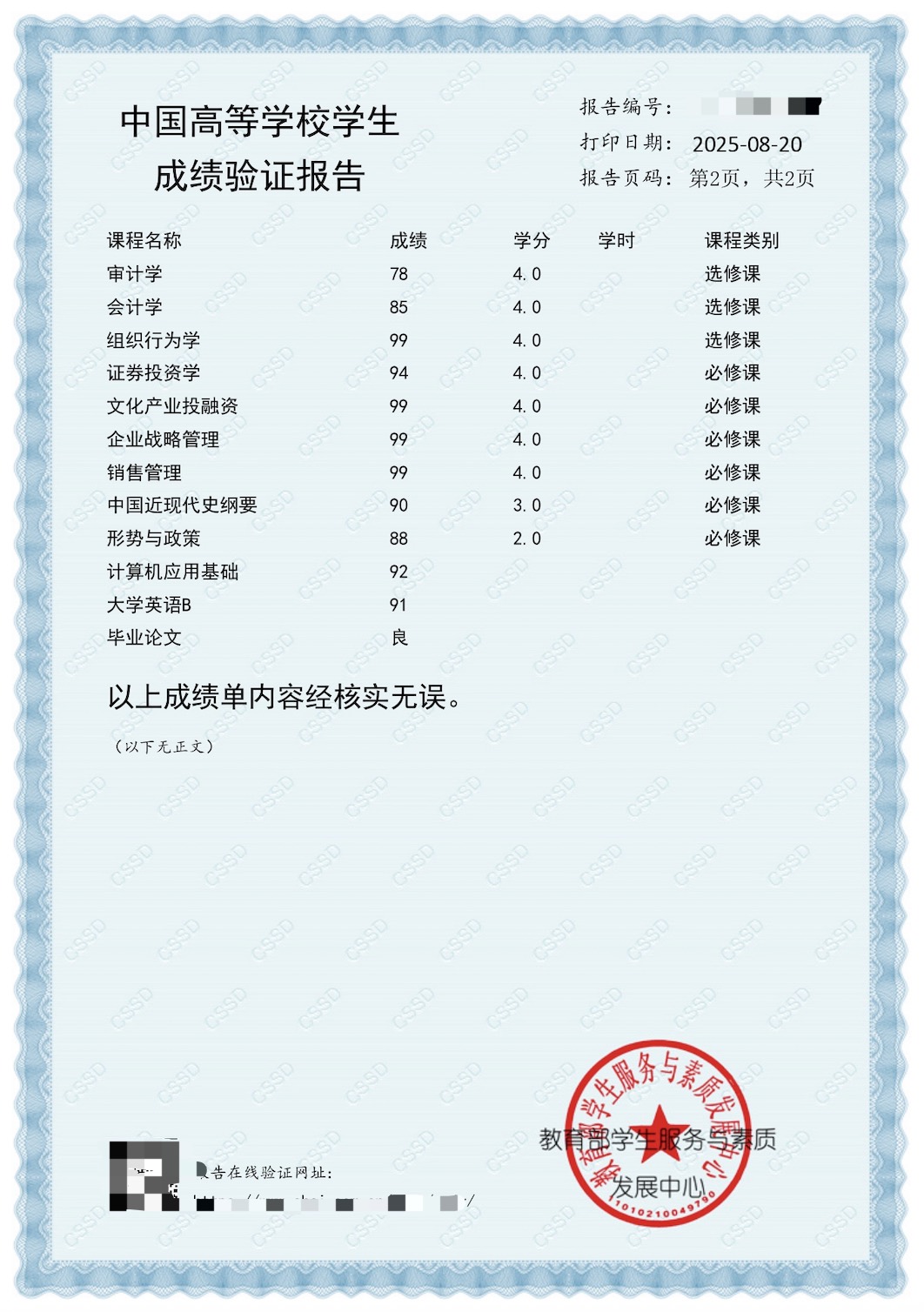CHSI Transcript Verification Report Chinese Sample Page 2