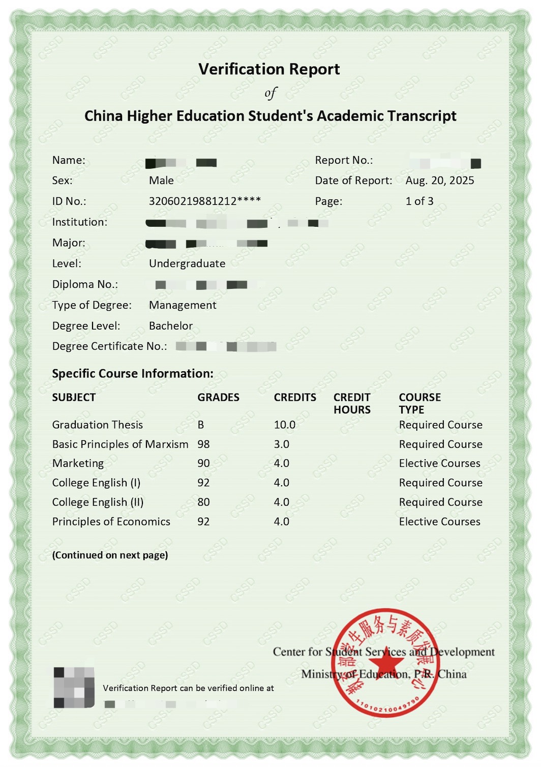 CHSI Transcript Verification Report English Sample Page 1