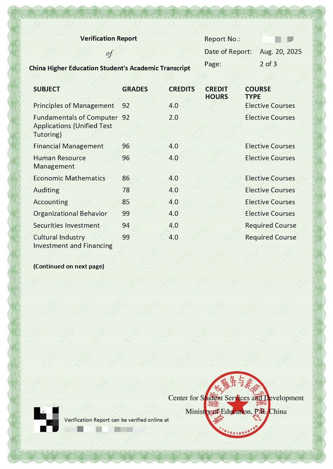 CHSI Transcript Verification Report English Sample Page 2