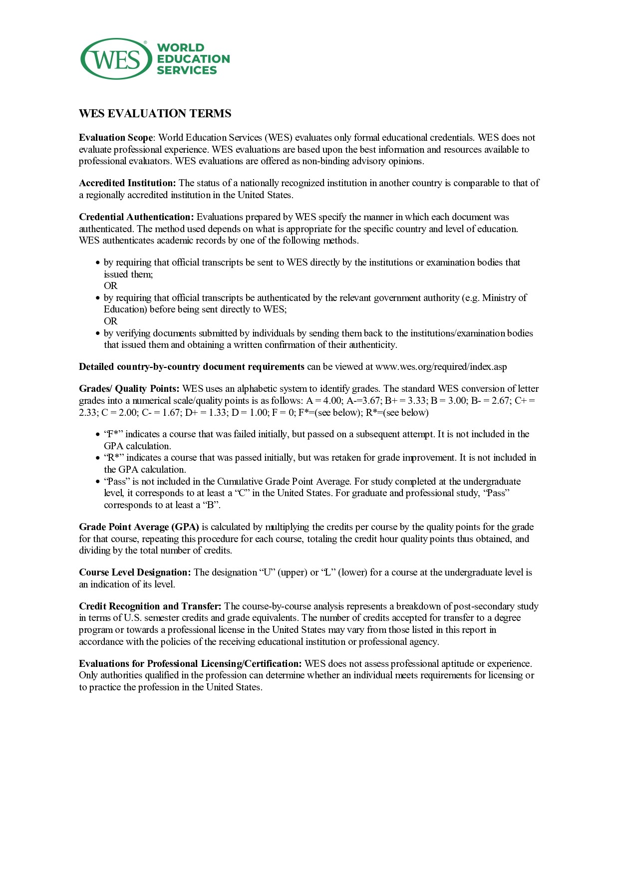 WES Evaluation Terms Sample